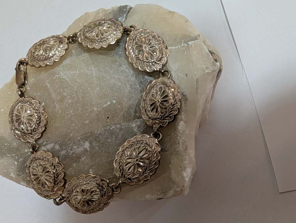 Vintage Sterling Silver Filigree Concho Link Bracelet 925 Signed 7.5" Sparkling